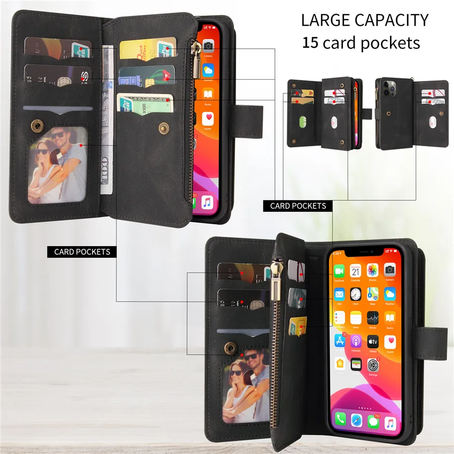 For Motorola Moto E7 Power  Zipper Multi Card Slot Leather Case for Moto E7i Power Flip Wallet Case for Moto E7 E 7 Power Cover