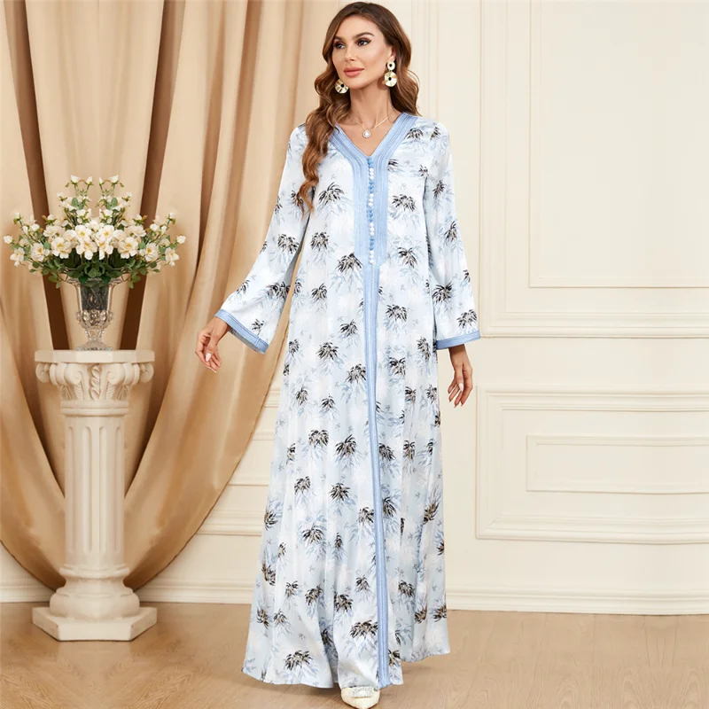 Ramadan Eid Fashion Modest Dress For Woman V-Neck Lace Tape Button Plant Print Muslim Dresses Long Sleeve Abaya Turkey New 2023