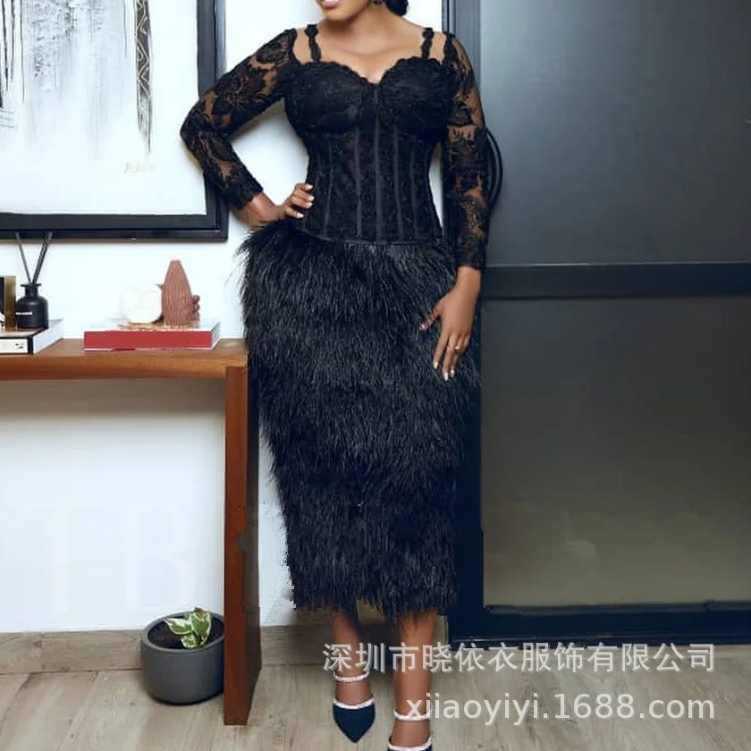 

Evening Party Dresses Women New Temperament Commuter Tassel Sexy Lace Long Sleeve Chest Wrapping Dress Fashion Female Clothing