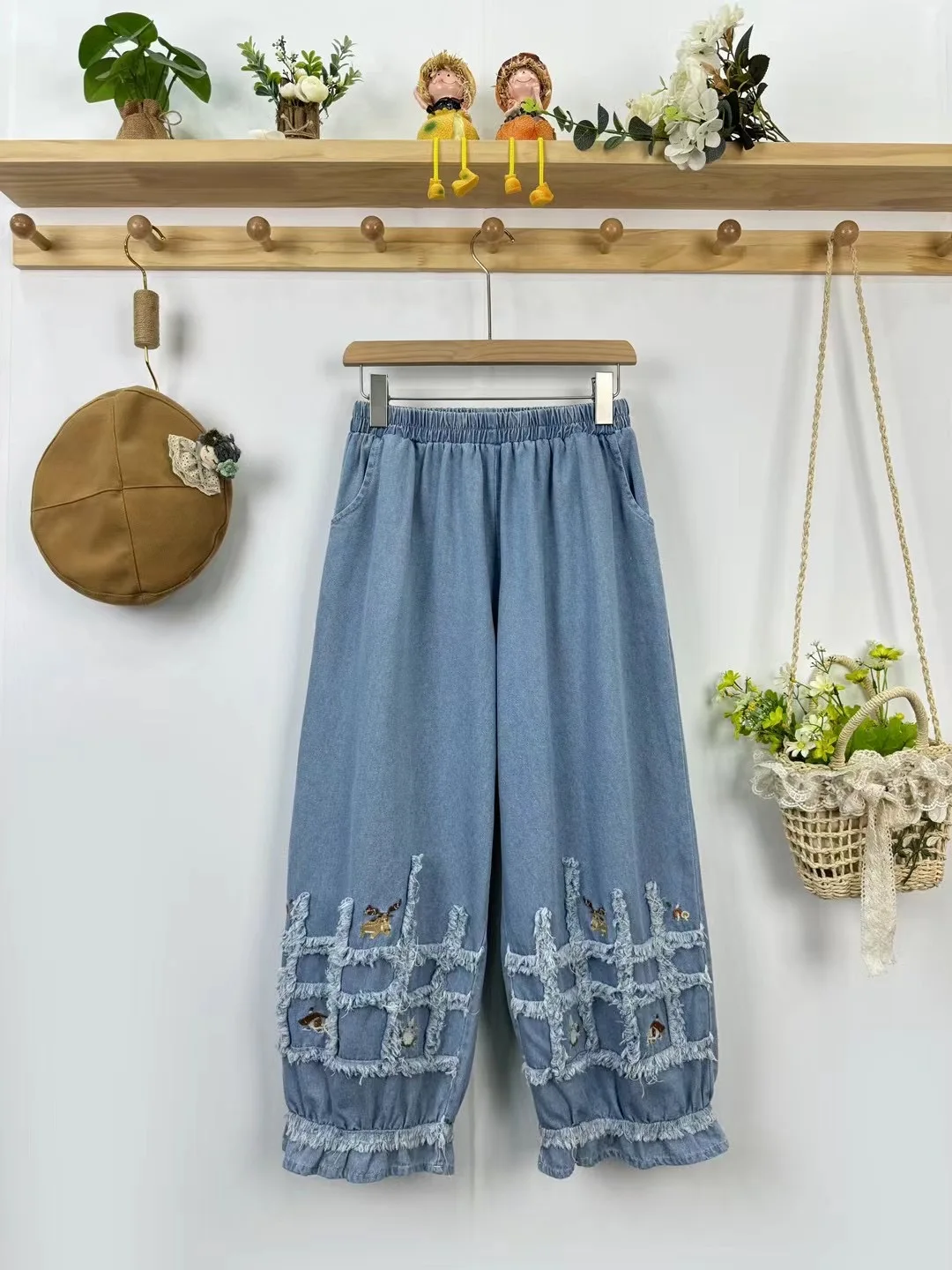 Летние джинсовые брюки в стиле преппи женские повседневные с эластичным поясом