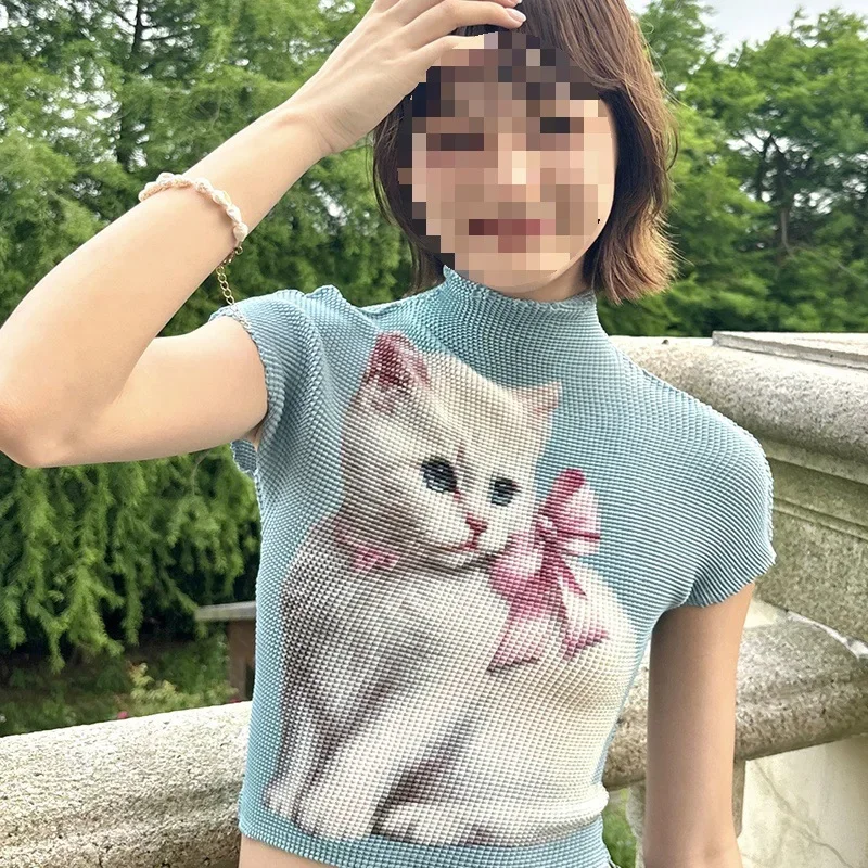 Весна и лето 2024 новая свежая сине-серая рубашка с маленьким белым котом выглядит