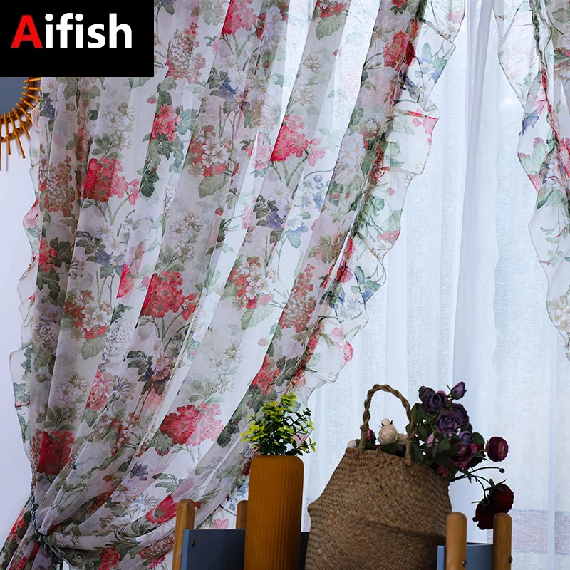 

Pastoral Flowers Sheer Tulle Curtains for Bedroom Romantic Ruffles Lace Translucent Voile Window Drapes for Living Room Balcony