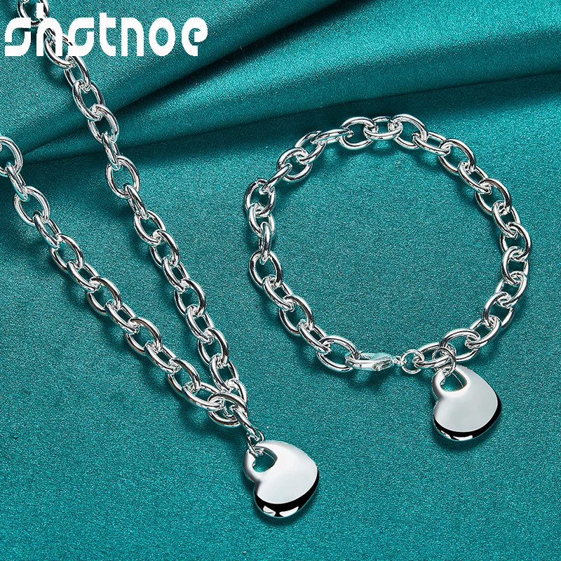 

2pcs Jewelry Sets 925 Sterling Silver Heart Pendant Necklace Bracelets Gifts Lady Beautiful Charm Chain For Woman Anniversaries