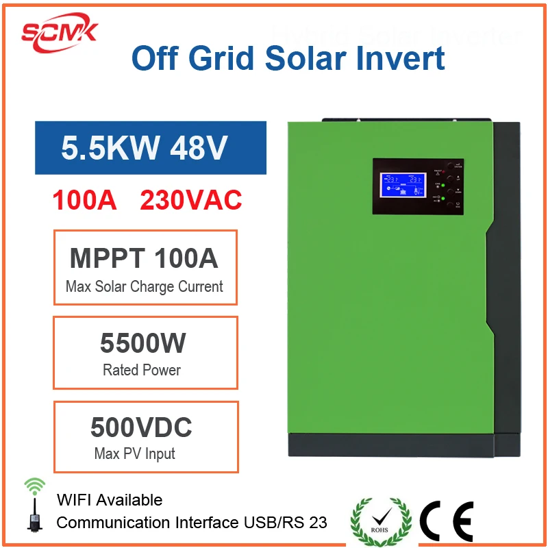 

Инвертор SCMK 5.5KW MPPT Гибридный инвертор солнечный 230VAC 48V 100A автономный Солнечный контроллер заряда