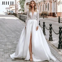 charming side slit long sleeve wedding dresses 2021 a line sexy deep v neck backless lace bridal gown sweep train sat