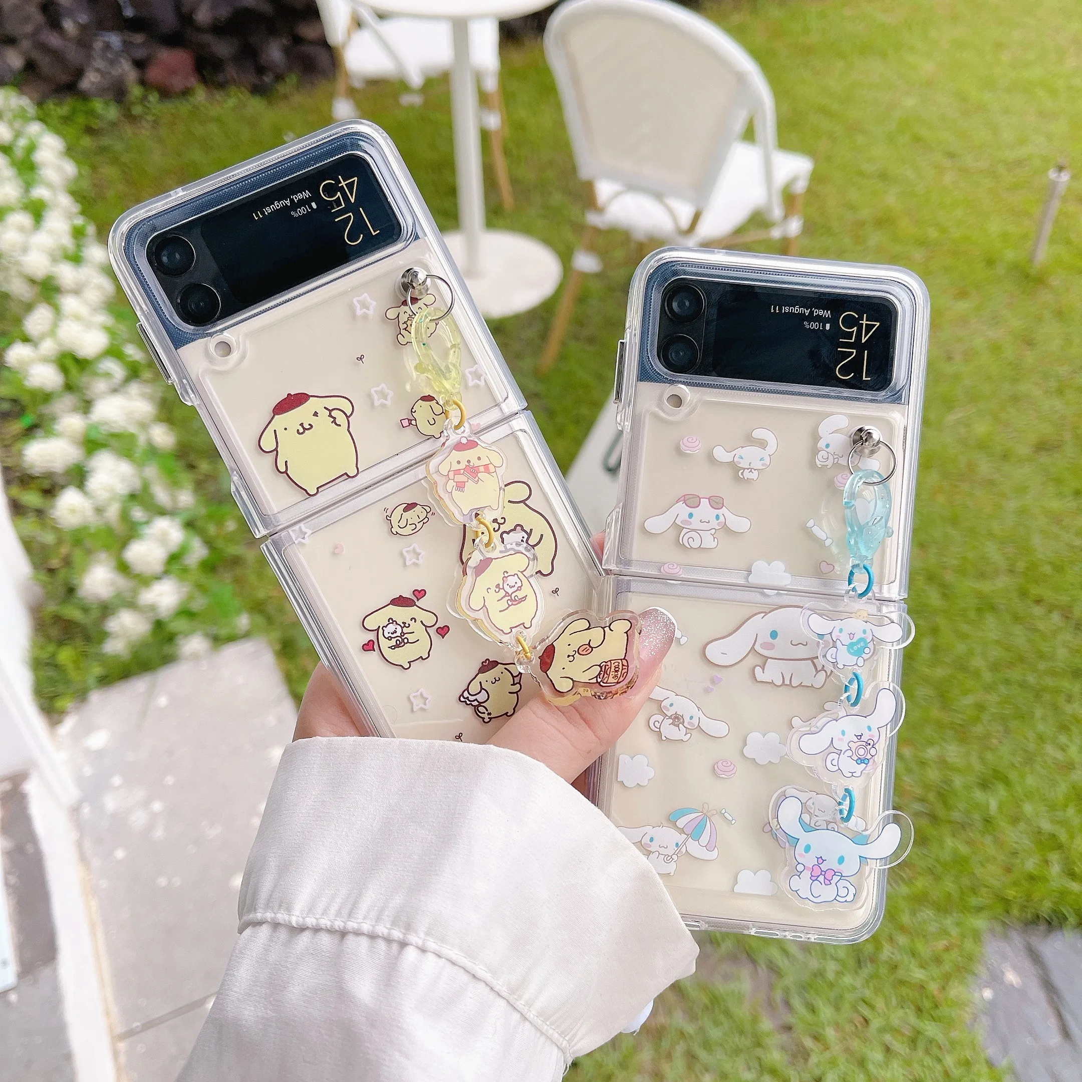 

Cartoon Sanrio Cinnamoroll Kuromi With Pendant Phone Case For Samsung Galaxy Cover Z Flip 3 Z Flip4 5G Clear Back Cover Y2k Girl