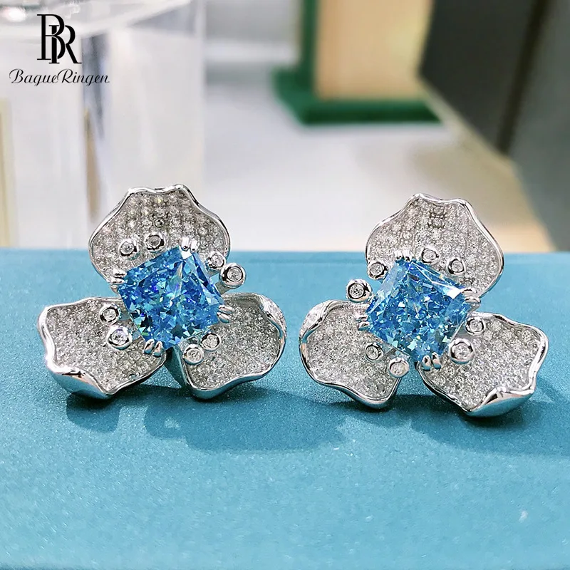 

Bague Ringen 925 Sterling Silver Sapphire Stud Earrings Simple 7*7mm Flower Gemstone Wedding Anniversary Jewelry Female Gifts