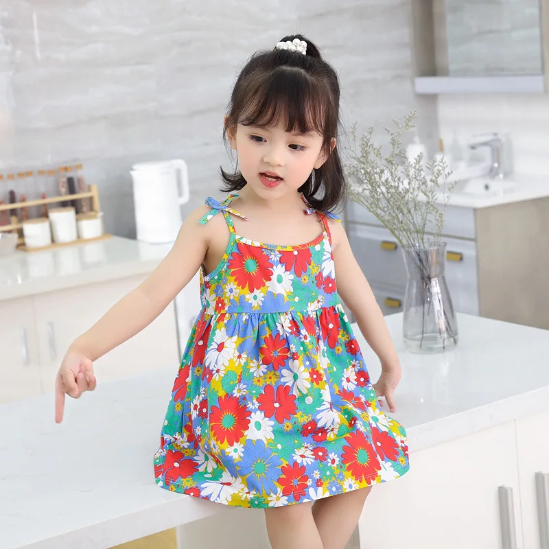 

Fancy Fashion Cute Summer Soft Baby Girl Clothes Cotton Flower Print Outdoor Shoulder Straps Toddler Kids Casual Dress 1-5 Years