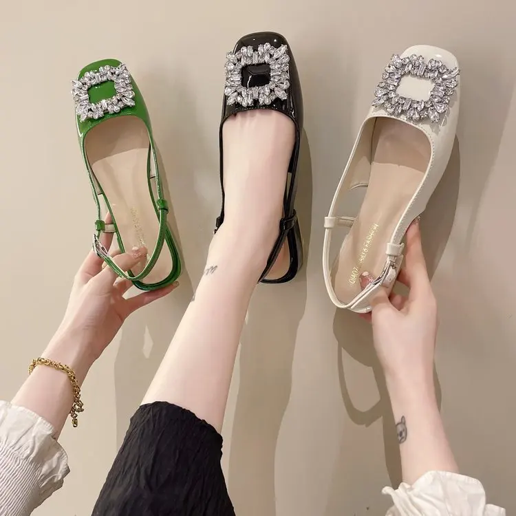 

2022 New Summer Baotou Sandals Women's Low-heeled Women's Shoes Korean Fashion Rhinestone Back Empty Single Shoes Women