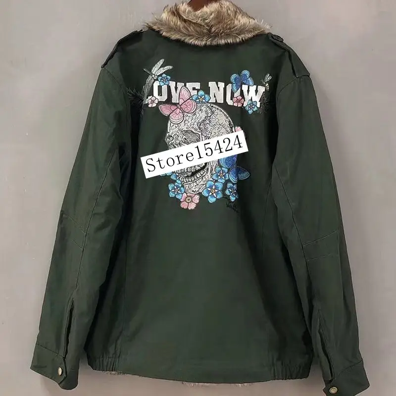 

Женская куртка, новинка осень-зима 2022, Короткая Повседневная куртка из чистого хлопка с вышивкой черепа стрекозы, подкладкой из искусственн...