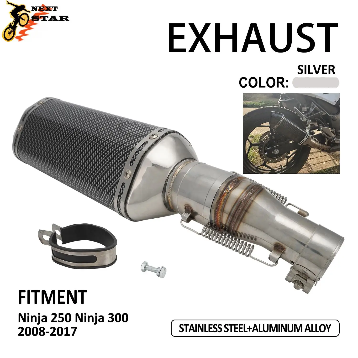 

Новая мотоциклетная выхлопная система из алюминиевого сплава, средний глушитель для трубы с глушителем дБ для Kawasaki Ninja 250 300 2008 2009-2017