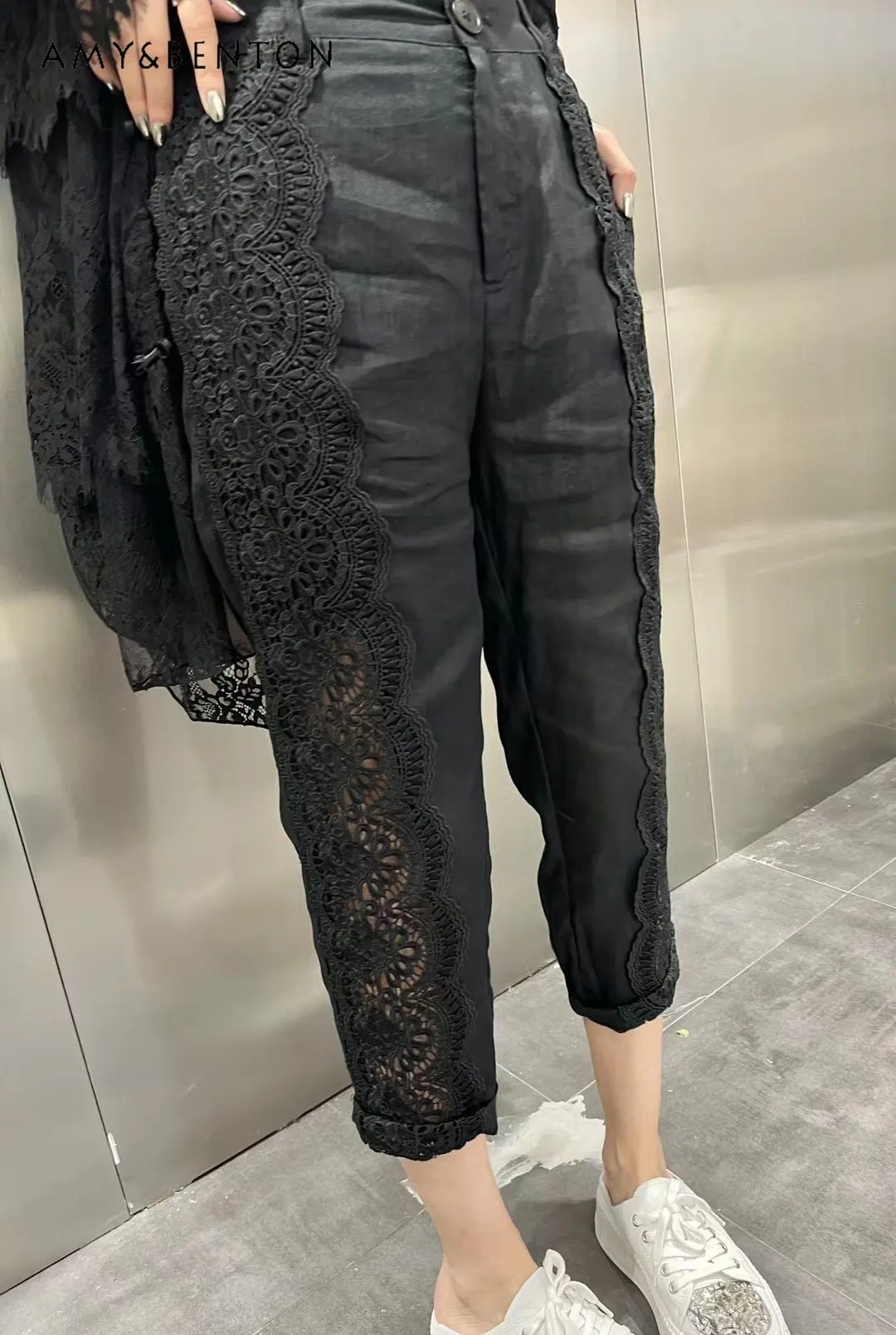 2023 Summer New European Goods Stitching Lace Casual Pants Women's Fashionable Stylish High Waist Slimming Cropped Pants