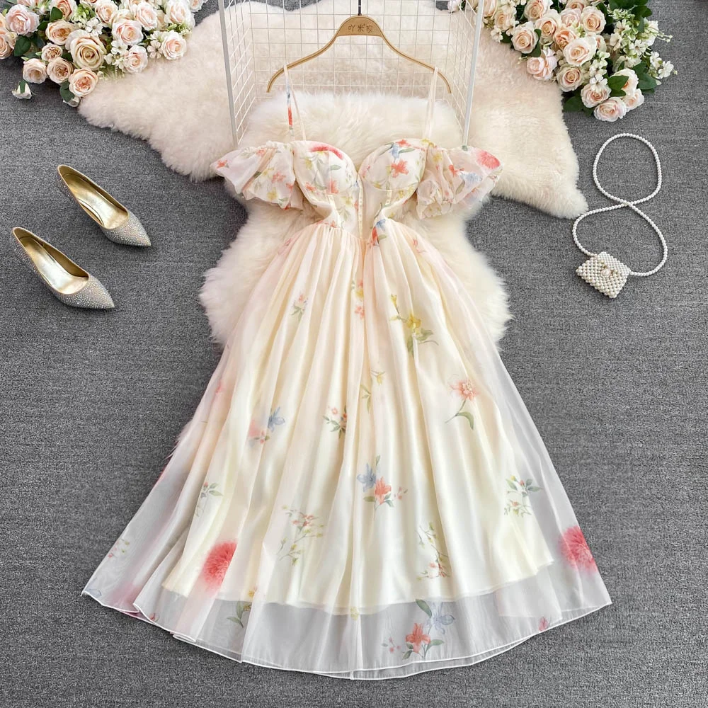 

Vintage Boho Dress For Holiday Summer Chic Puff Sleeve Backless Sling Floral Dress Beach High-waist Pleated Big Swing Long Dress