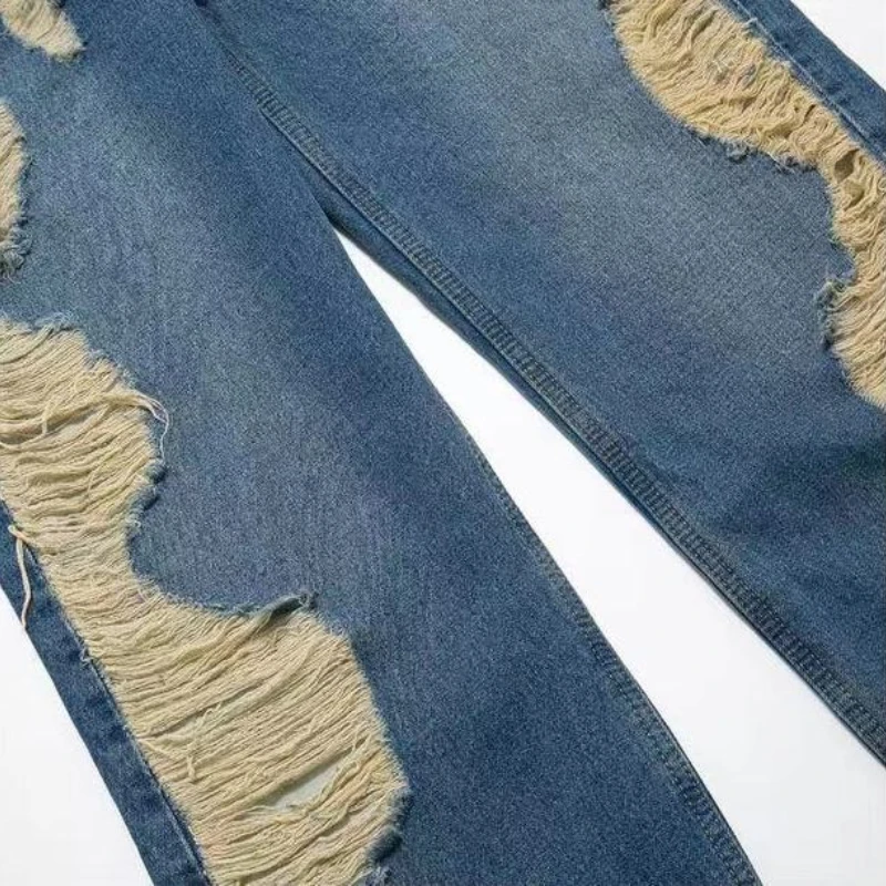 Mens Harajuku Destoryed Ripped Holes Zipper Straight Jeans Women Fashion Hip Hop Streetwear New Casual Joggers Denim Jeans Pants