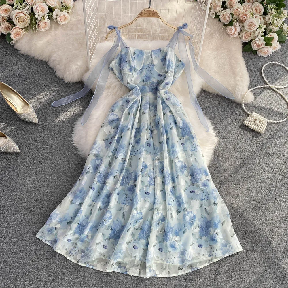 

Japanese Sweet Print Chiffon Women Dresses 2022 New Summer Beach Style Dress Vintage Elegant Spaghetti Strap A-Line Dress