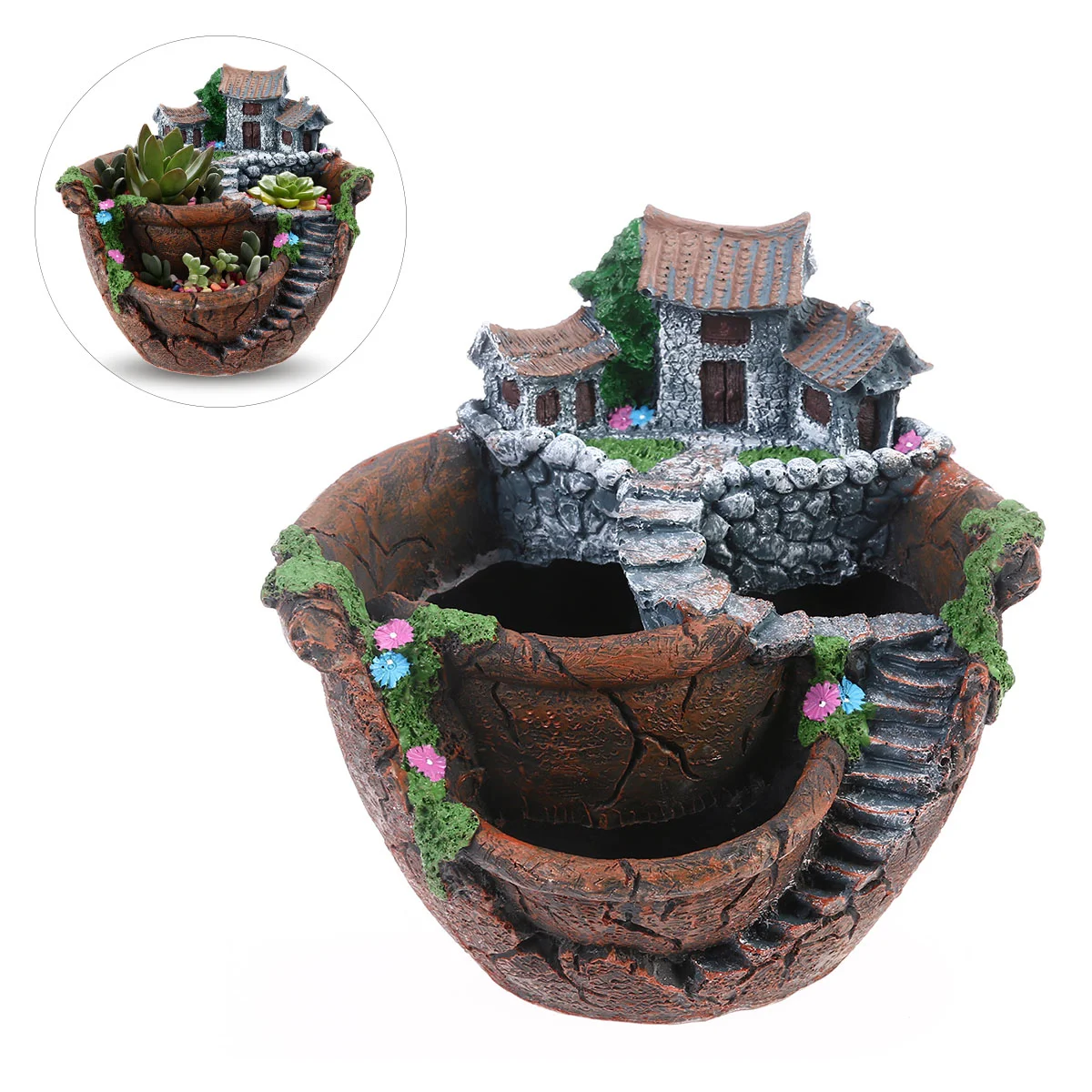 

Small Pot DIY Landscape Flower Container House Figurines Decoration Tabletop Ornament for Home Office