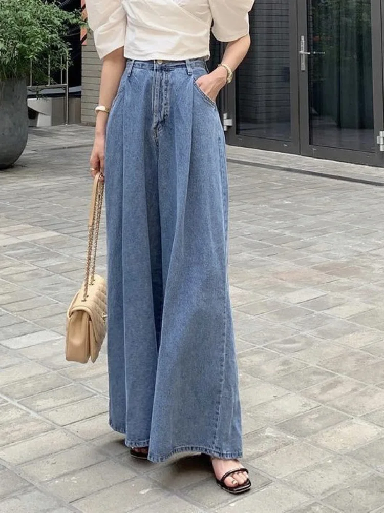 

Джинсы женские плиссированные на одной пуговице, с высокой талией и широкими штанинами