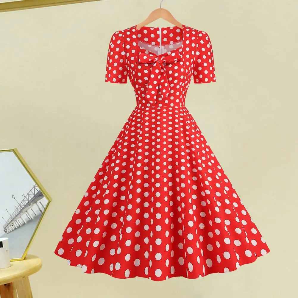 

Bow Decoration Dress Stylish Women's Summer Dress Sweet Square Neck Bow Detail Short Sleeves Flattering Slim Fit for Casual