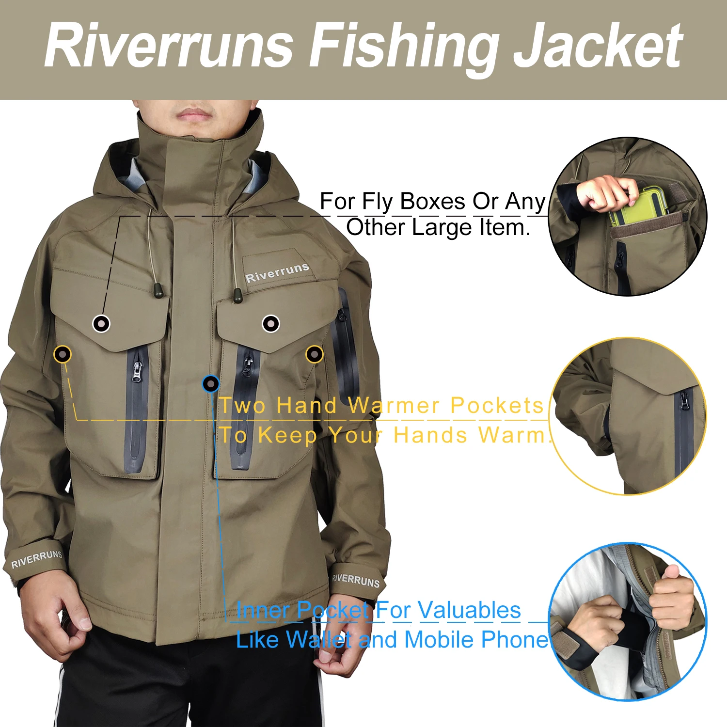 

Aventik Fishing Jacket Breathable Outdoor Waterproof Rain Wading Jacket for Men Fishing clothes Hiking Kayak and Hunting L
