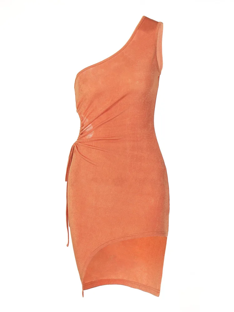 

Sexy Women's Summer New Fashion Sloping Shoulder Slim Side Hollow Drawstring Casual Pullover Mid Waist Short Dress Free Shipping