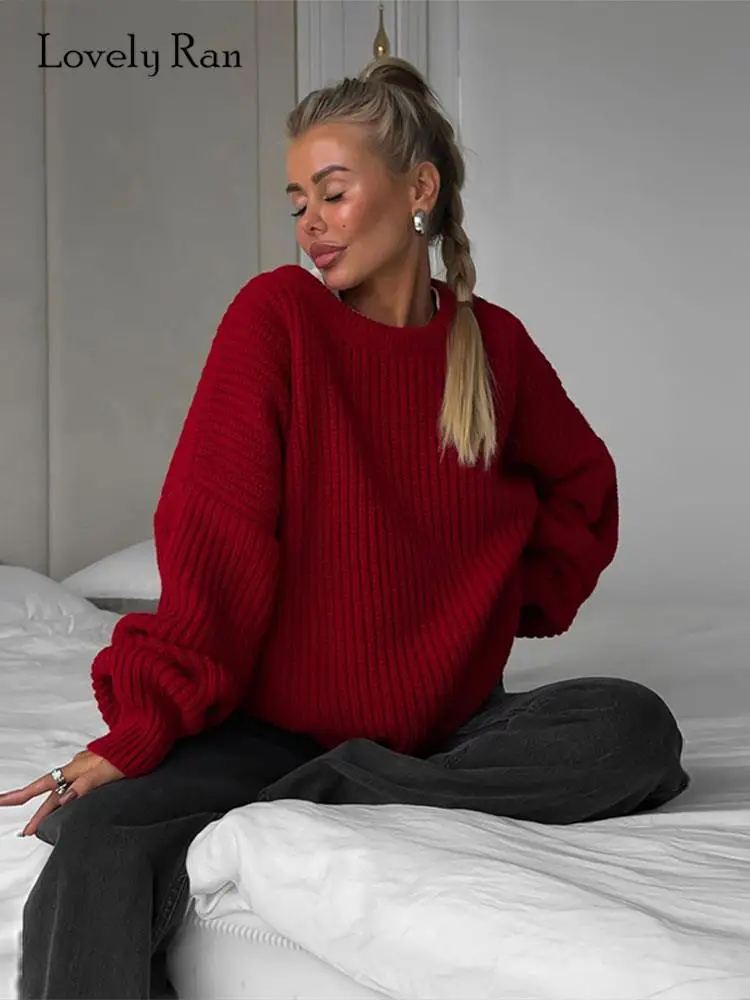 

knit Wine Red Fashion O Neck Christmas Sweater Women Fashion Rib Lantern Sleeve Jumper Top Female Warm Oversiza Pary Pullover