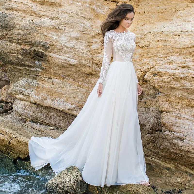 

Long Sleeves Lace Applique Beach Wedding Gown Custom Made Chiffon Ruched Brides Wedding Dresses