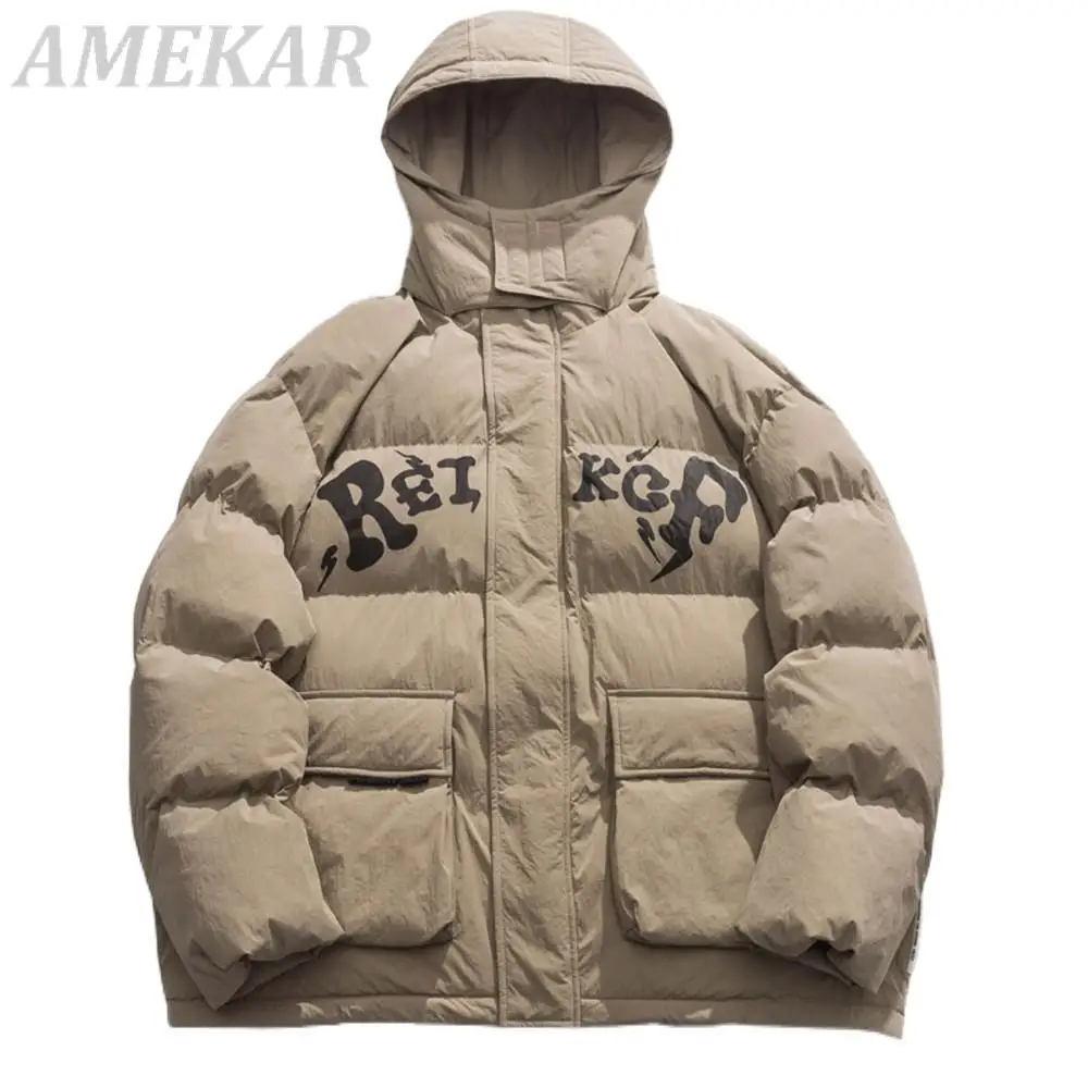 Winter Men Hooded Jackets Parkas Streetwear Solid Color Thicken Warm Puffer Jacket Hip Hop Fashion Harajuku Casual Bubble Coats