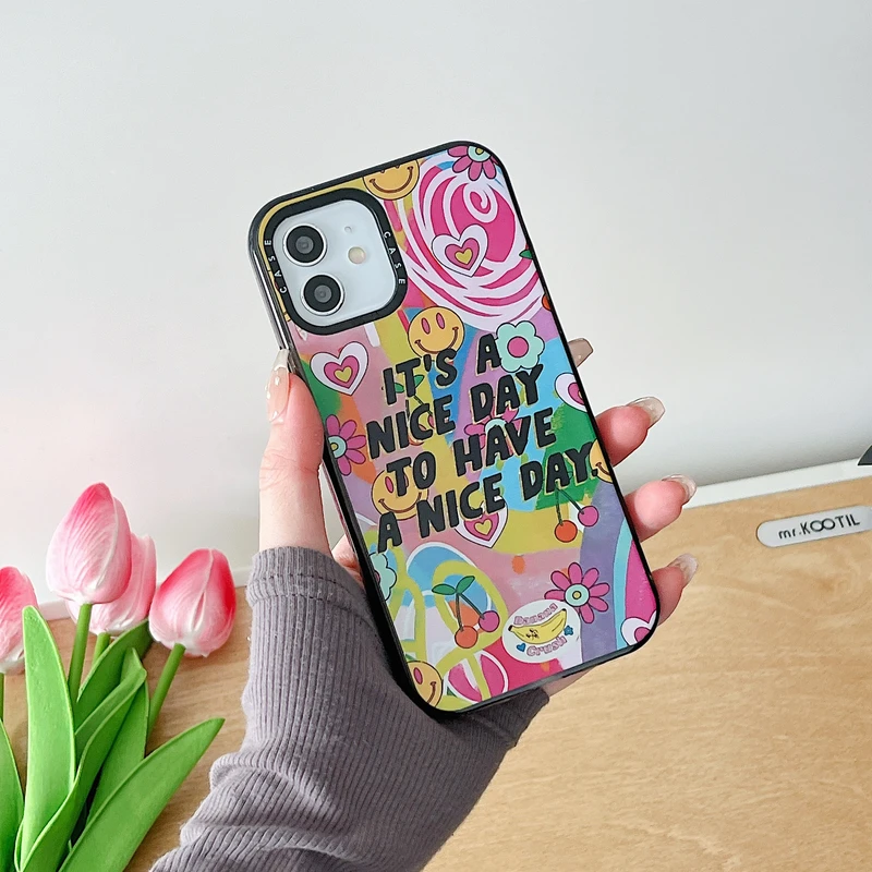 

Cute Letter Flower Smiley Sticker Shockproof Soft Phone Case For iPhone 11 12 13 Pro Max X Xr Xs Max 7 8 Puls SE 2 Cover Capa