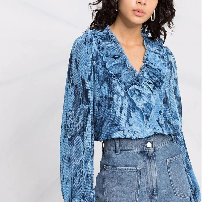 

Fashion Woman Blouses 2022 Spring New French Elegant Printing Female Shirt Ruffle Fine Pleated V-neck Tops Pretty High Quality