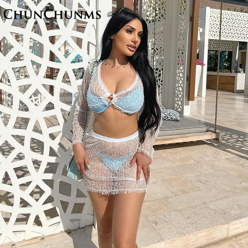 

Lace See Through Low Chest Crop Top Wrap Hip Skirt Women Set 2022 Summer Beach Wear Sunscreen Shirt Bust Dress Suit Sexy Y2K