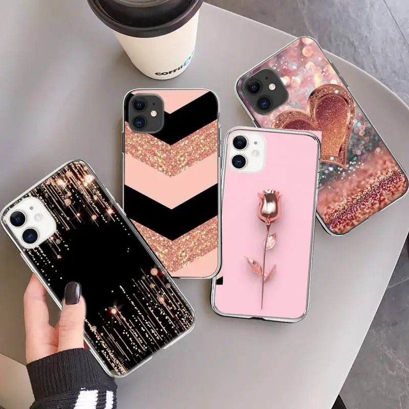 

Love Rose Gold Style pattern Phone Case Transparent soft For iphone 12 11 13 7 8 6 s plus x xs xr pro max mini