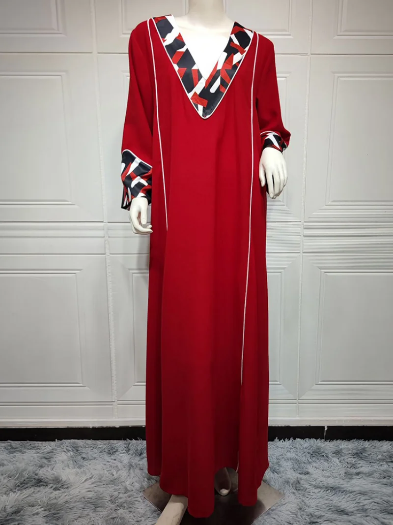 Abayas Muslim Long Dress Women V Neck Full Sleeve Islami Robe Autumn New Solid Patchwork Loose Casual Muslim Maxi Dress Vestidos