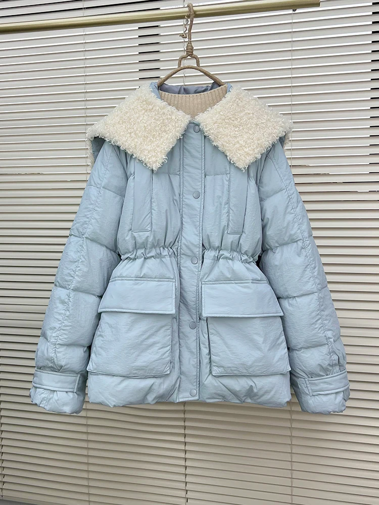 Korean 2022 New Down coat Female Korean version mid-length loose waist lamb wool Fur 90% white duck down jacket