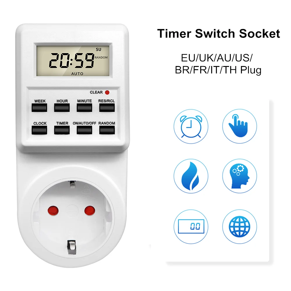 

Electronic Digital Timer Switch Socket 24 Hour Cyclic Kitchen Timer Outlet Programmable Timing Socket EU UK AU US BR FR IT Plug