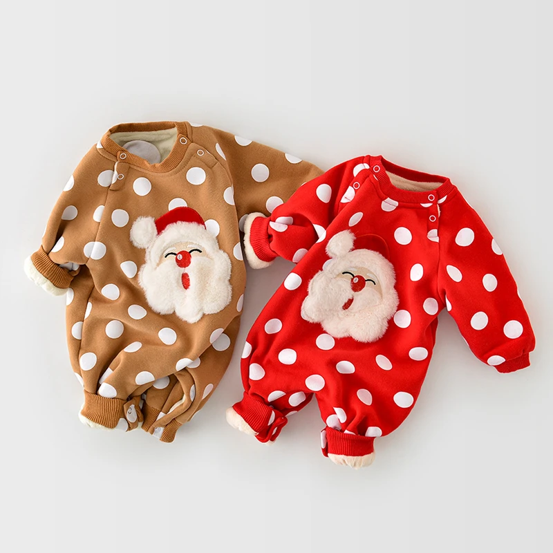 

Infant Baby Boy Christmas Bodysuit Autumn Winter Polka Dot Santa Jumpsuit for Newborns Cotton Fleece Kids Clothes Girls 0-24M