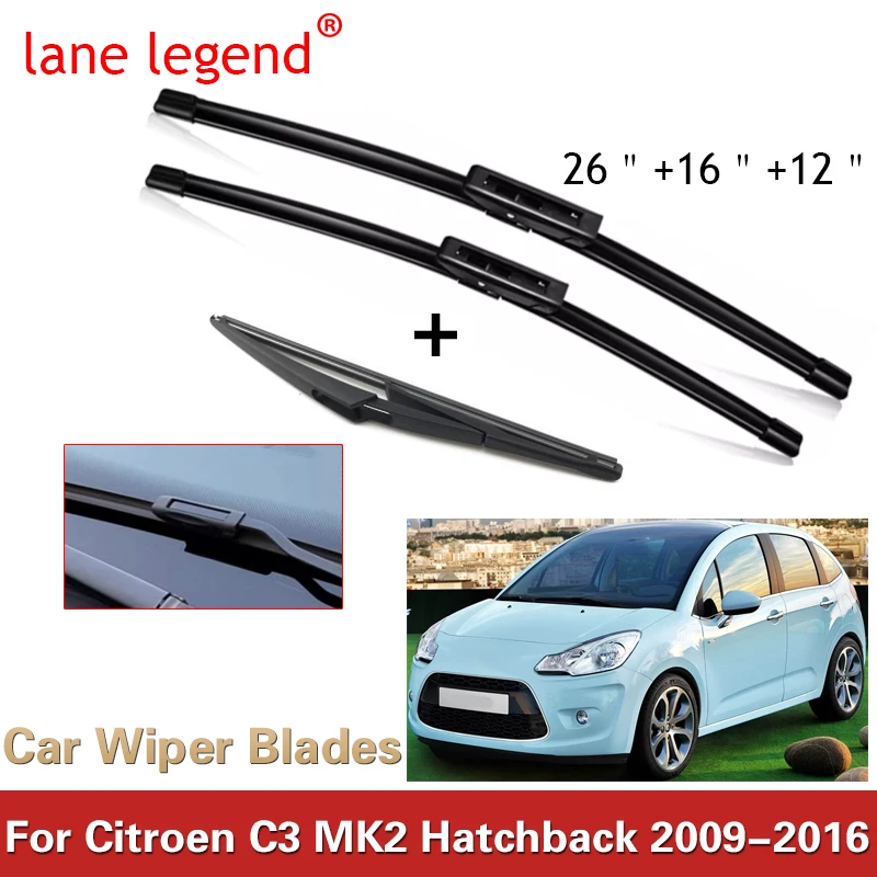 

For Citroen C3 MK2 Hatchback 2009-2016 26"+16"+12" Front Rear Wiper Blades Brushes Cutter Accessories 2012 2013 2014 2015 2016
