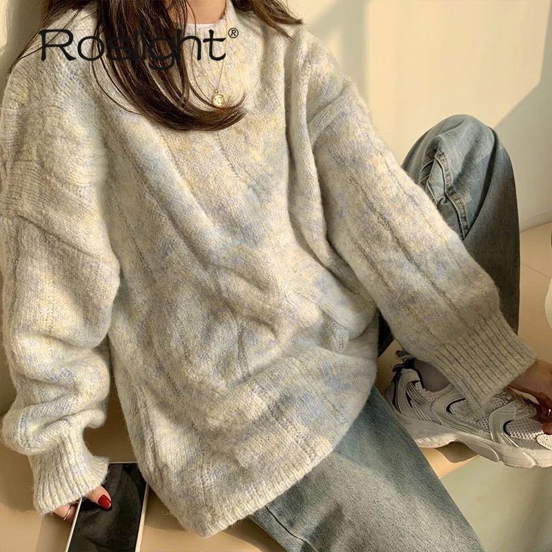 

Winter Sweater Women O-Neck Pullovers Vintage Thick Knitted Sweaters Chic Long Sleeve Top Korean Style Loose Pink Sweater