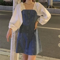 french niche retro square neck puff sleeves age reducing waist dress womens 2022 spring new long sleeved first love denim skirt