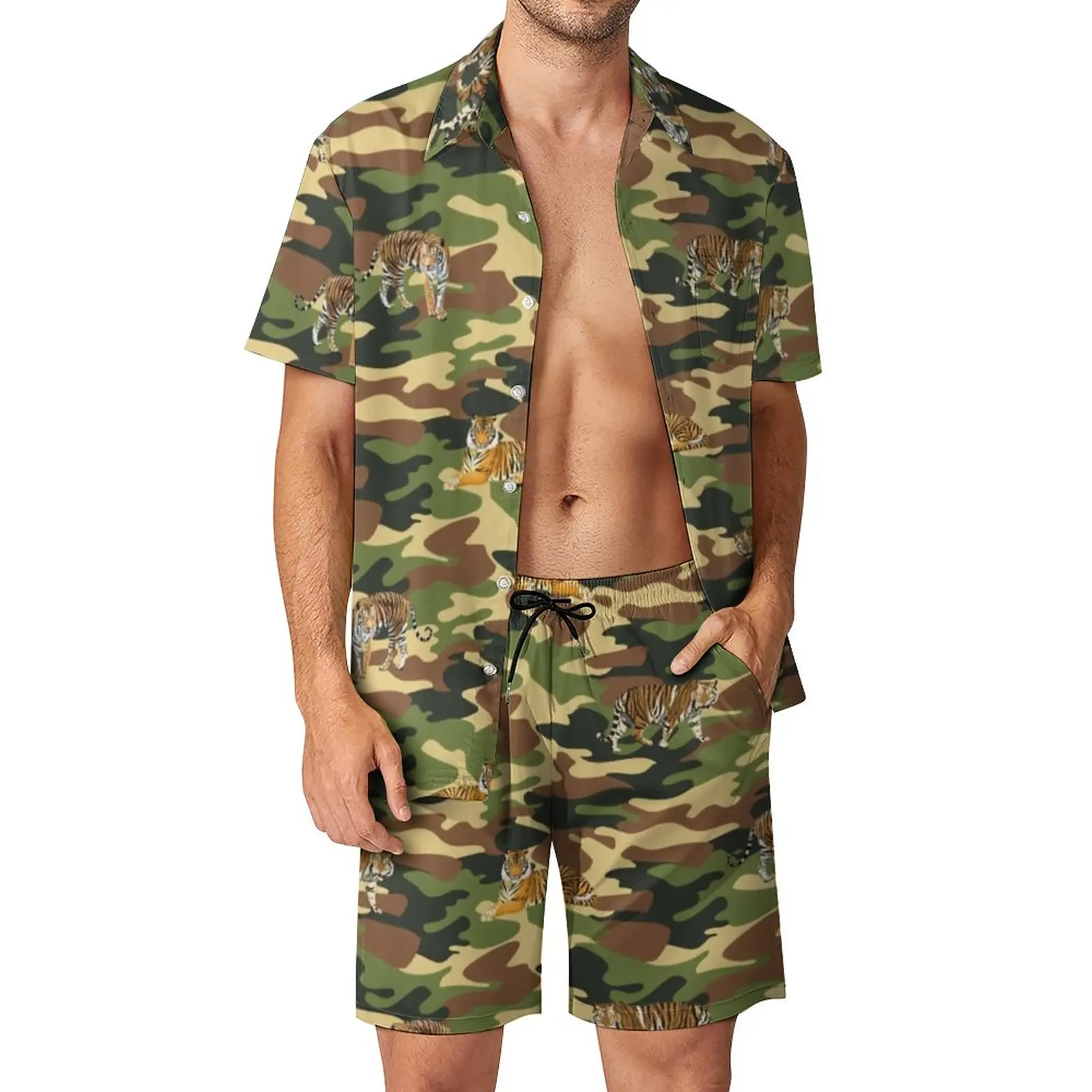 

Мужские камуфляжные комплекты с принтом Тигра для отдыха, винтажный повседневный комплект с футболкой с животными, летние дизайнерские шор...