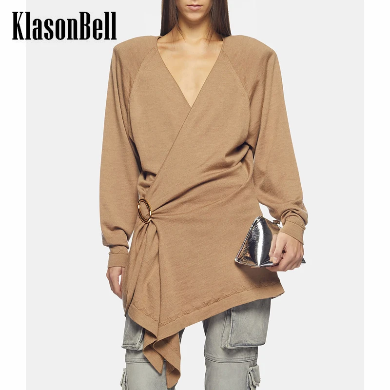 

8.31 KlasonBell Fashion Buckle Decoration Wool Knitted Mini Dress Women