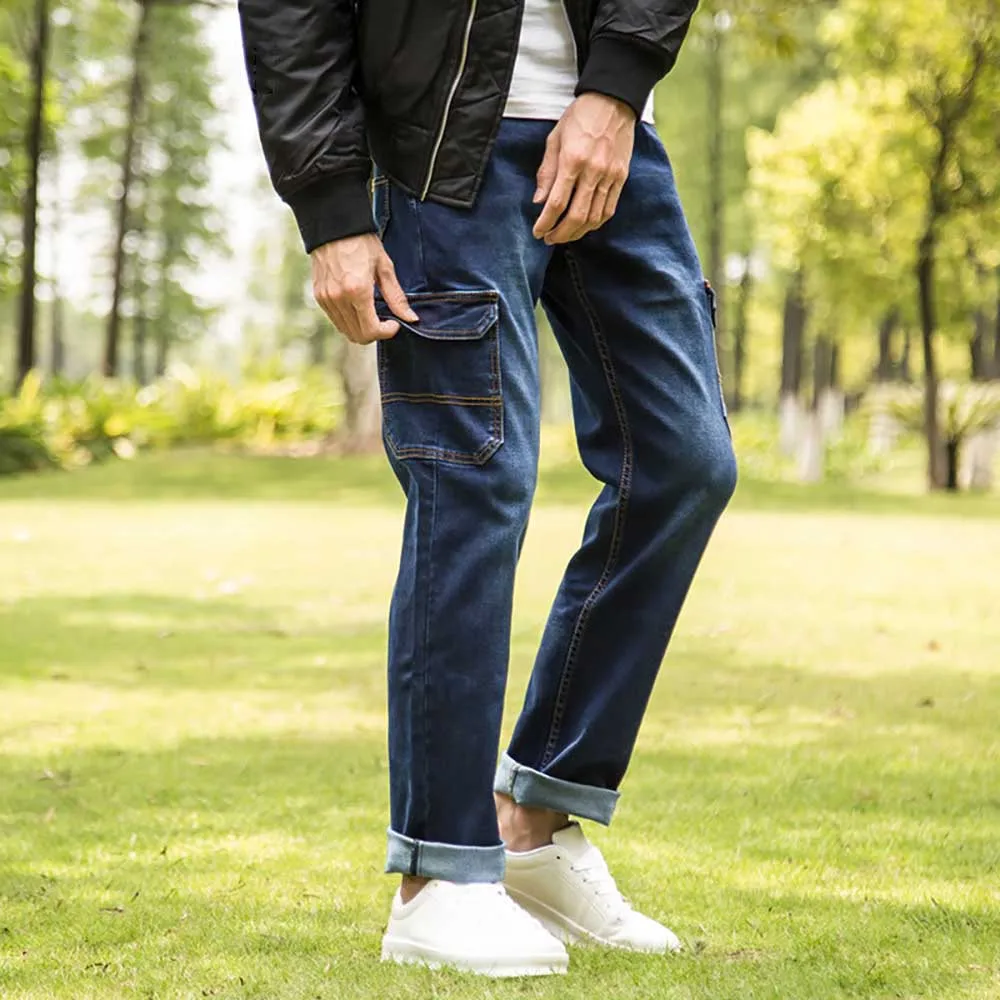 Autumn Winter Multi Pocket Cargo Pants Men's Casual Jeans Straight Loose Baggy Trousers Streetwear Denim Clothing Plus Size 48
