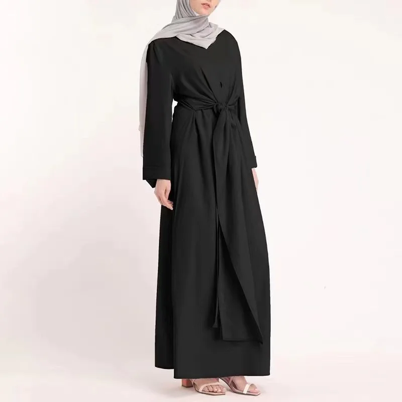 Wepbel Middle East Islamic Clothing Abaya Women Arabic Dress Robe Kaftan Solid Color Long Tie Girdle Muslim Ramadan Wear Robe