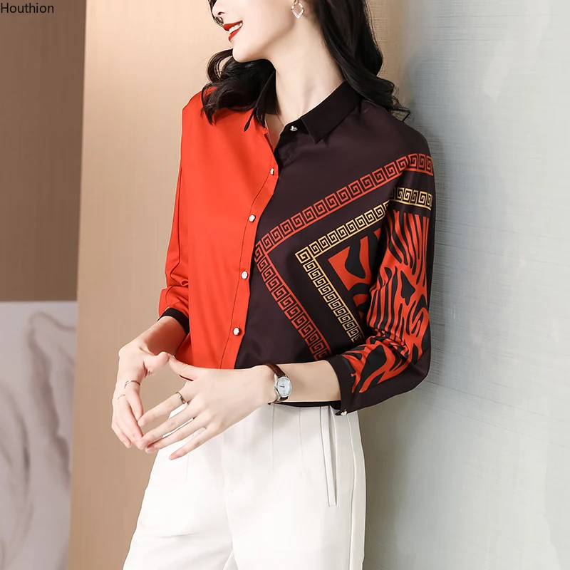 

Женская блузка с принтом, свободная рубашка-поло, летний модный топ с длинным рукавом, Повседневная шифоновая женская одежда