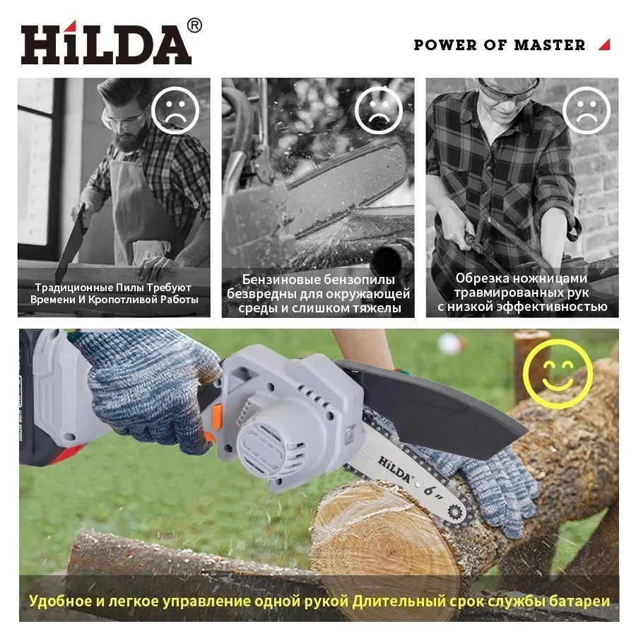 HILDA 6-дюймовая 21 В мини-бензопила Беспроводная перезаряжаемая ручная маленькая