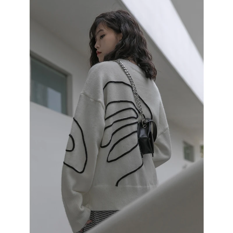 

Women White Sweater Stripe Round Neck Fashion Vintage Leisure Lazy Wind Loose Winter Female Warm Long Sleeve Knitting Pullover