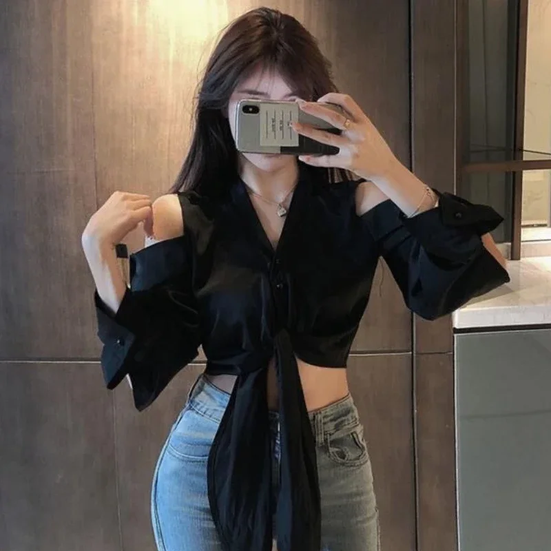 Рубашки с открытыми плечами женские бандажные рубашки сексуальные тонкие в