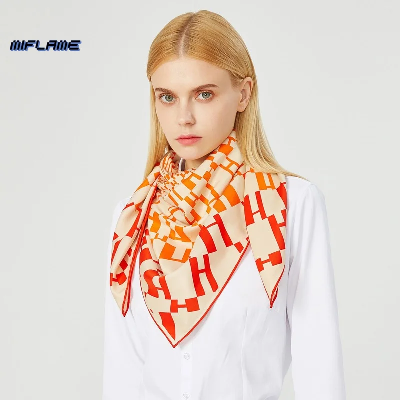 

90cm Square Scarves Luxury Twill Silk Scarf Hijab Brand Women Scarf Handmade Curled Ladder Ladies Foulard Headband Bandana 2022