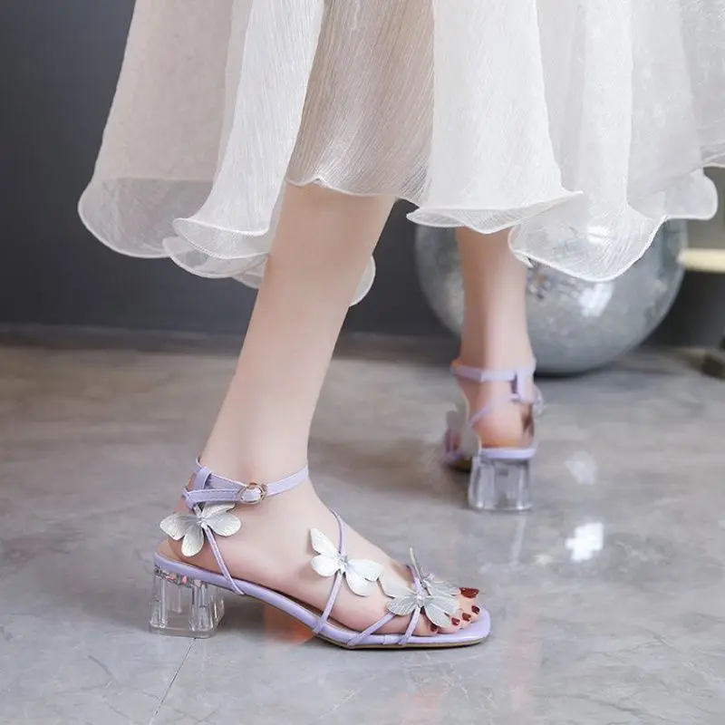 Summer Temperament Show Leg Long Line With Bow Thin Heel Square Head Roman Crystal High Heel Sandals