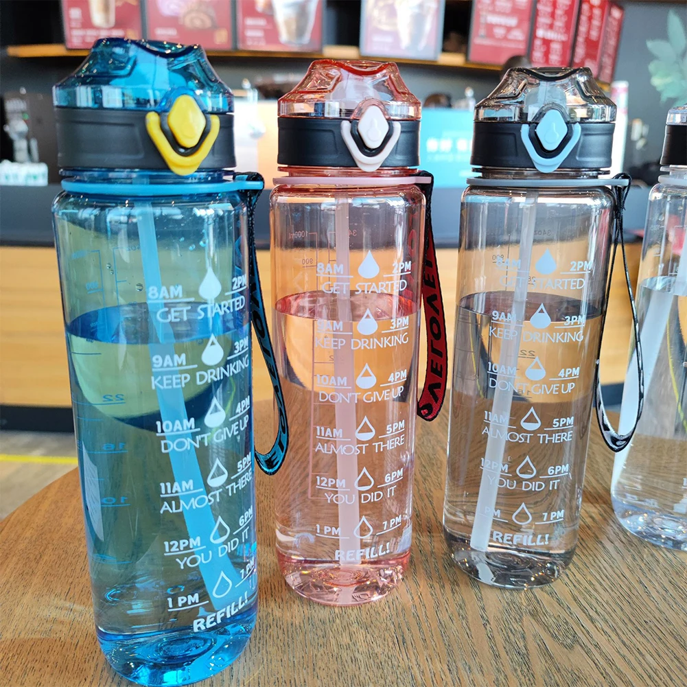 

1000mL Sports Bottle With Bounce Cover Leakproof Cup Fitness Straw Water Bottle With Time & Capacity Markers Outdoor Sports