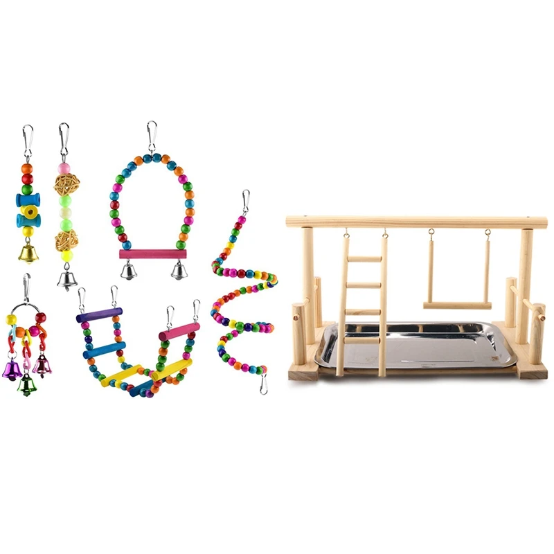 

6 Pcs Bird Swing Toy Colorful Chewing Hanging Hammock & 1X Wood Play Stand And Stainless Steel Tray Pet Bird Frame